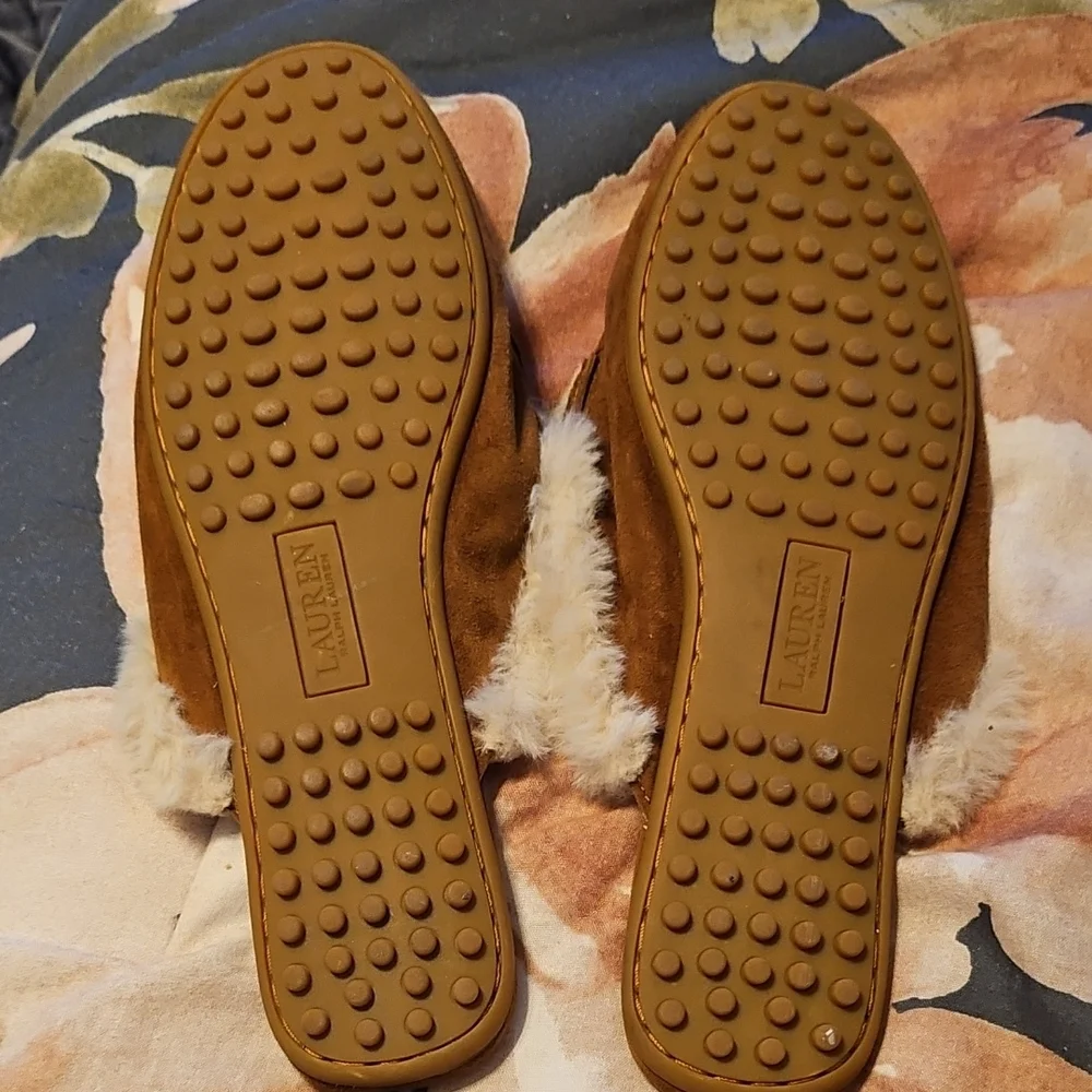 Ralph Lauren Double RL Tan Fur Women's Slippers - Picture 2 of 2